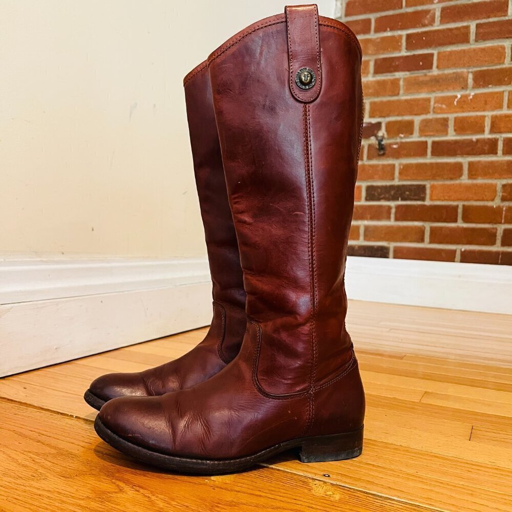 Frye Melissa Button Western Equestrian Mahogany Cognac Redwood 16" Tall - Picture 5 of 16